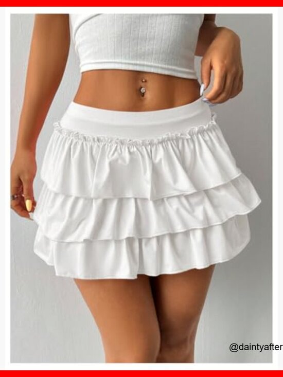 Polyester Blend Bow Back Mini Skirt with Layered Ruffle Hem - Picture 2 of 6